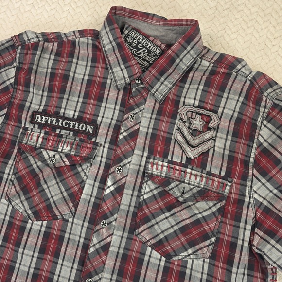 Affliction Other - Affliction Black Premium Mens XL Plaid Button Down Shirt Back Embroidery Red